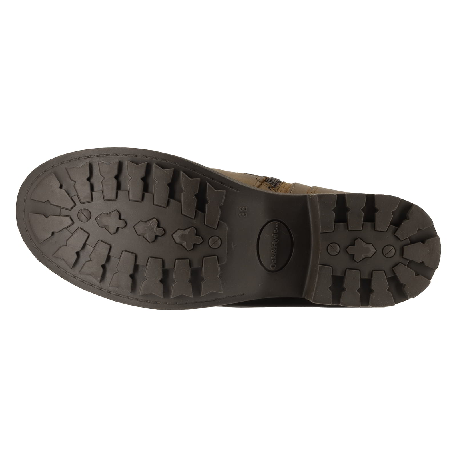 Outsole of dark brown Crest 2 wide calf boots showing tread pattern