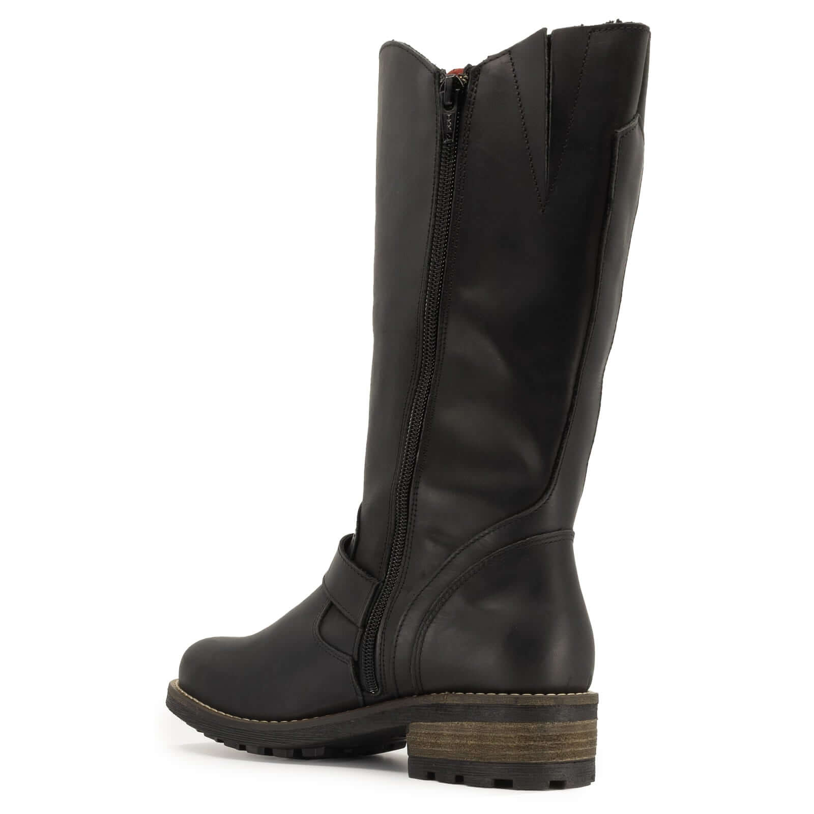 inner side view of black crest 2 tall boots showing full inside zip