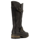 Rear angled view of black Crest 2 tall boots with stacked heel