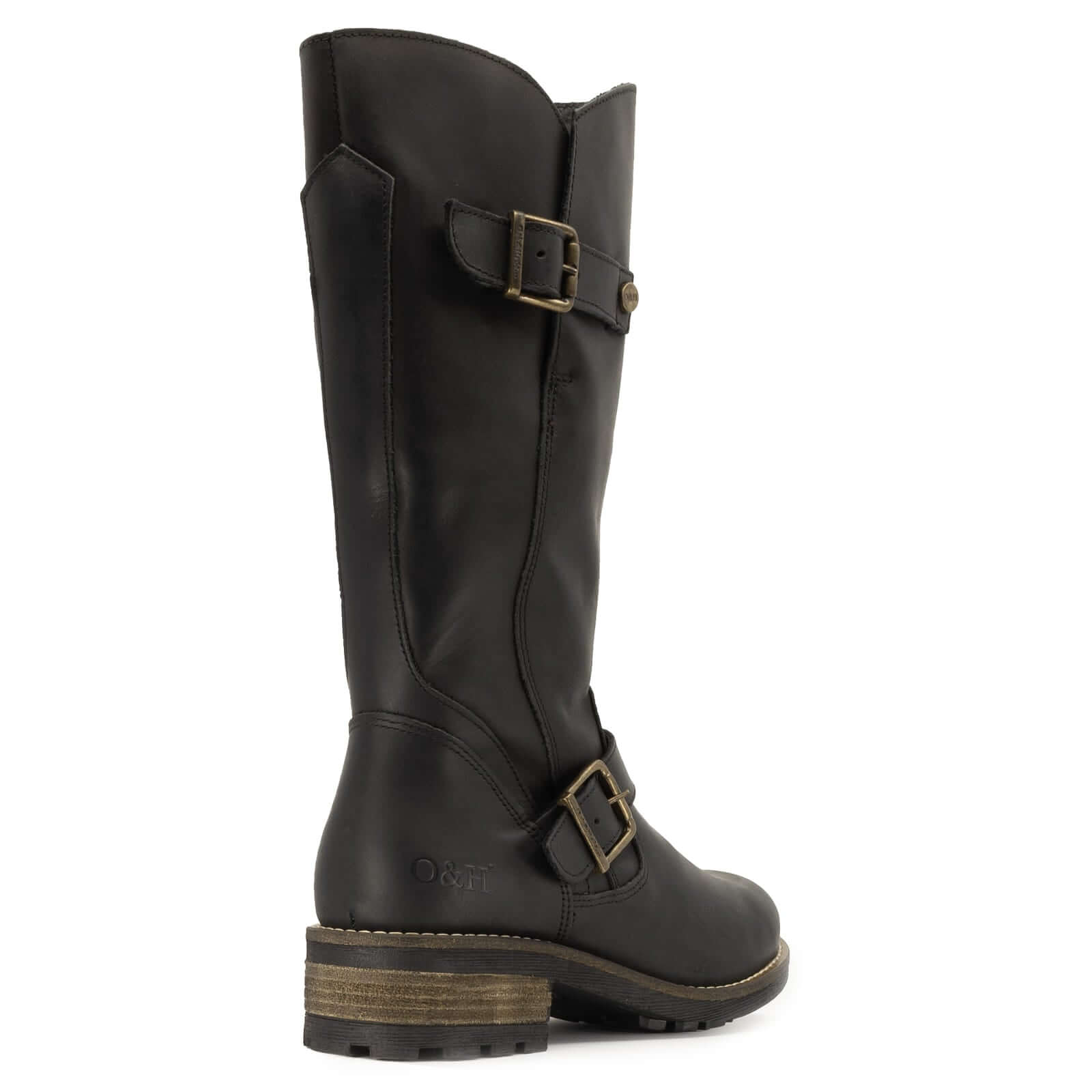 Rear angled view of black Crest 2 tall boots with stacked heel