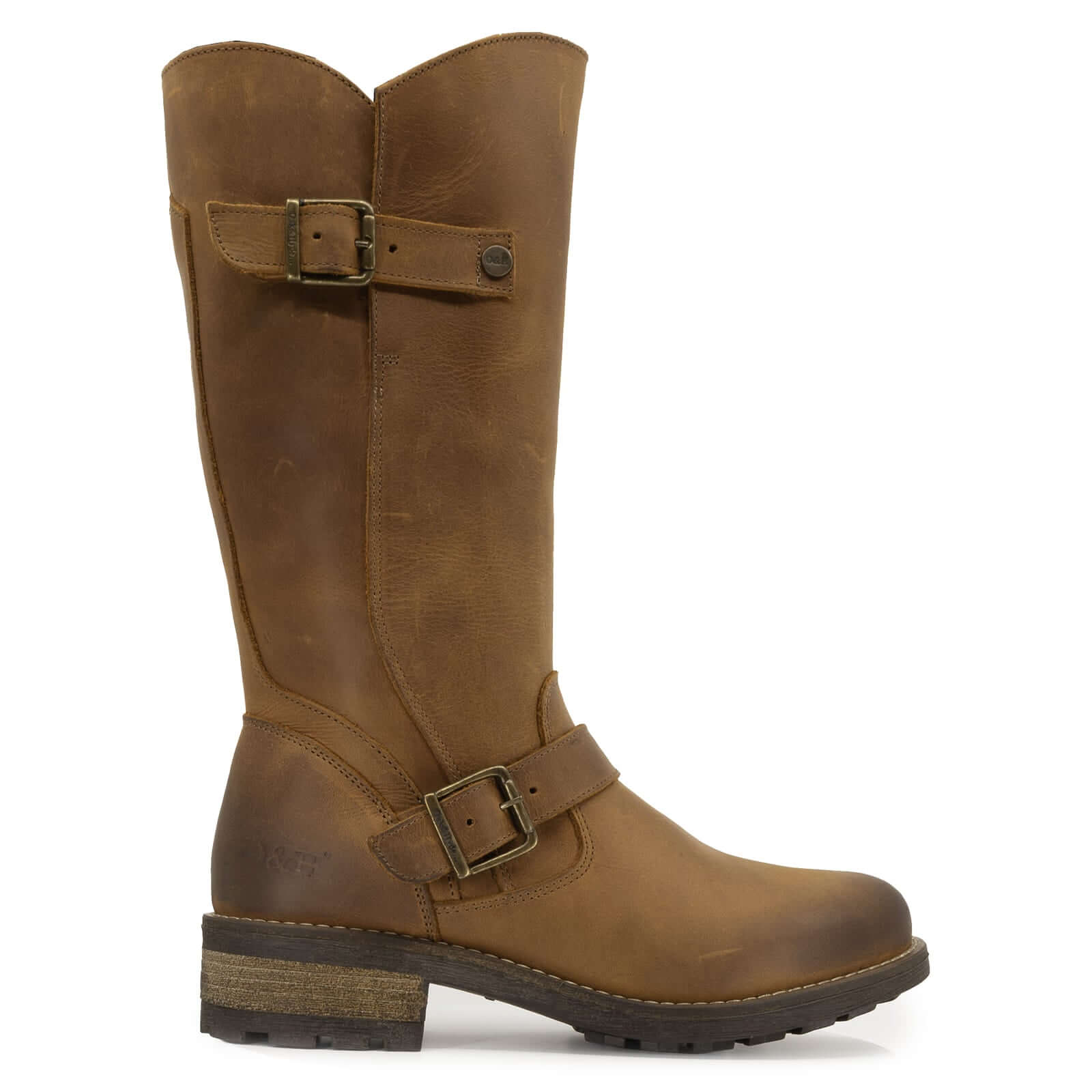 side view of Crest 2 tall boots in Frexio cognac with buckle detail
