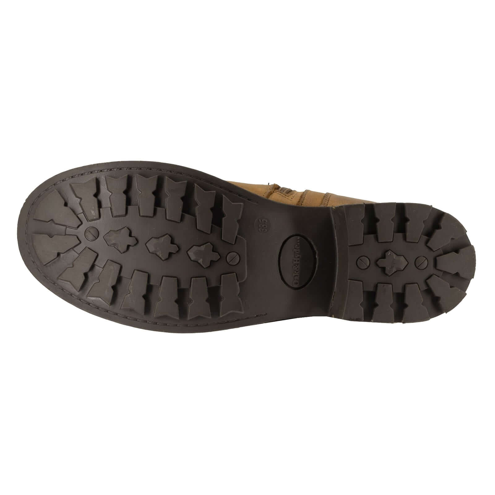 Outsole of Crest 2 tall boots in Frexio cognac showing rugged tread pattern