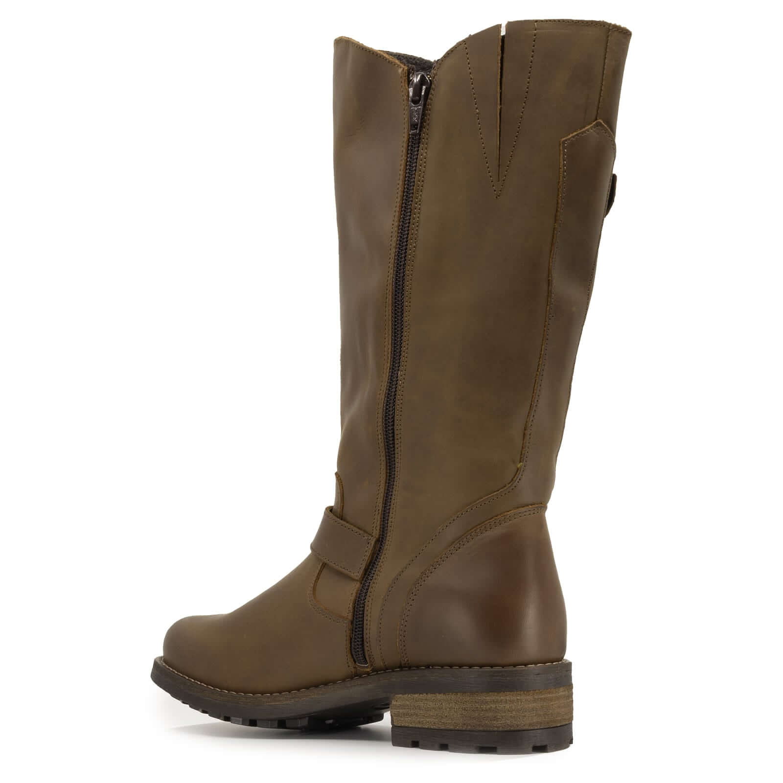 Inner side view of dark brown Crest 2 tall boots highlighting ankle buckle
