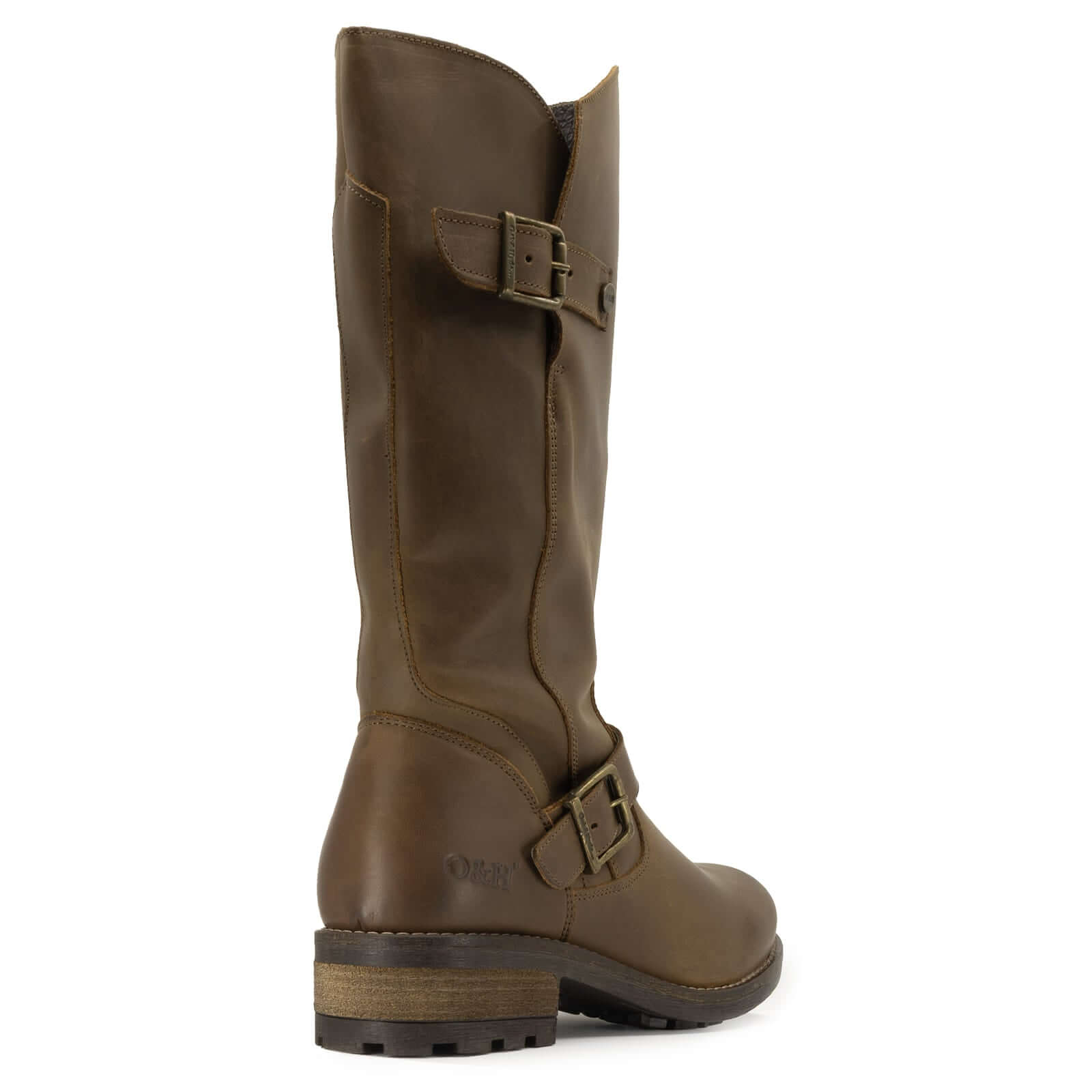 Rear view of dark brown Crest 2 tall boots showing back seam and heel