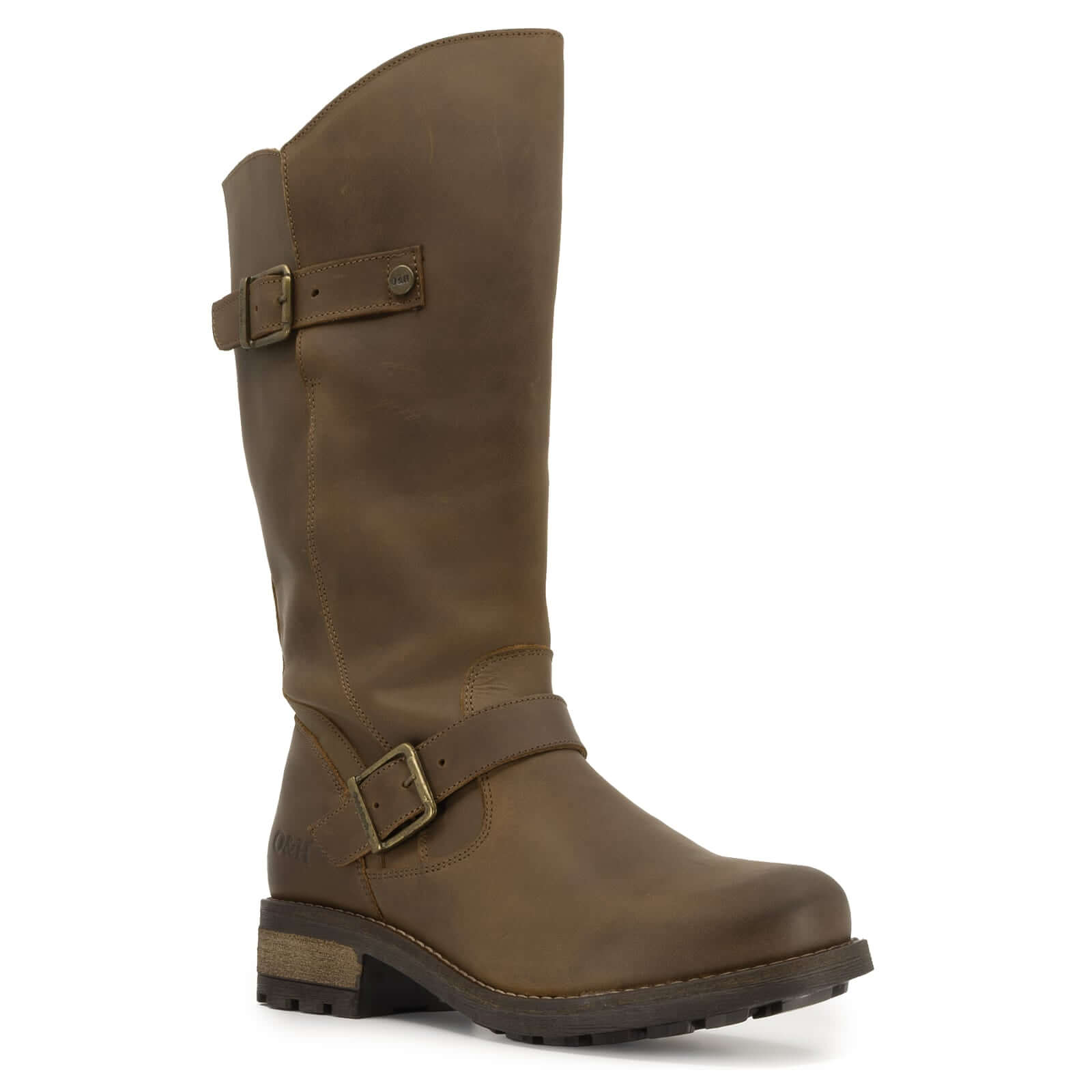 Front angled view of dark brown Crest 2 tall boots with buckle detail