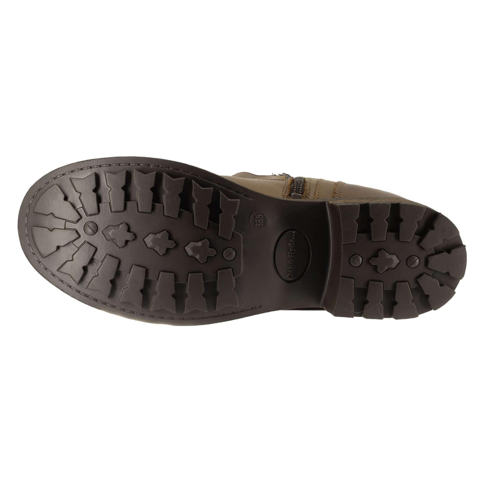 Outsole of dark brown Crest 2 tall boots showing tread pattern