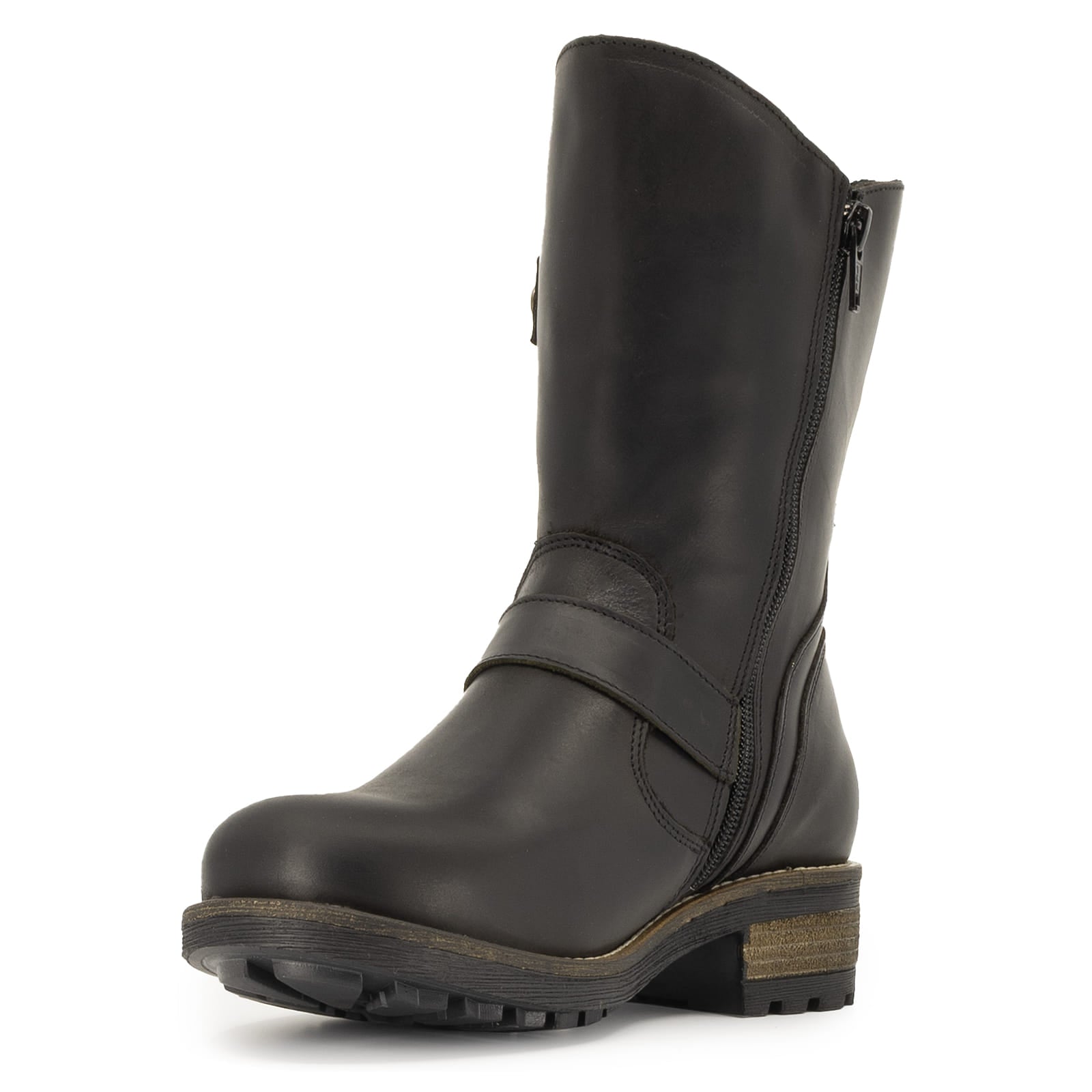 Angled zip side view of black Crest Demi 2 ankle boots showing stitching detail