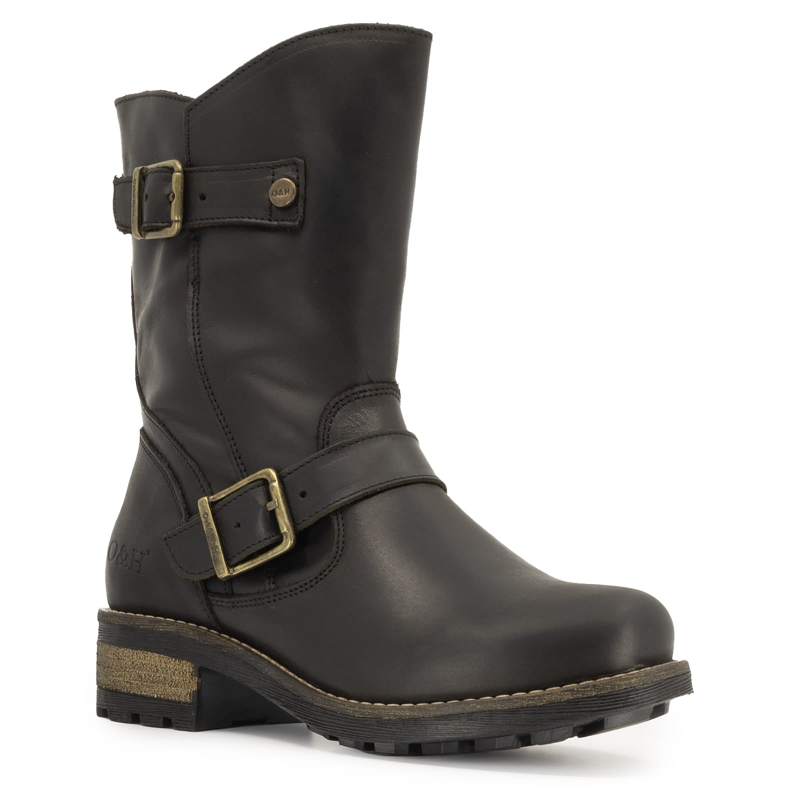 Angled buckle side view of black Crest Demi 2 ankle boots showing strap hardware