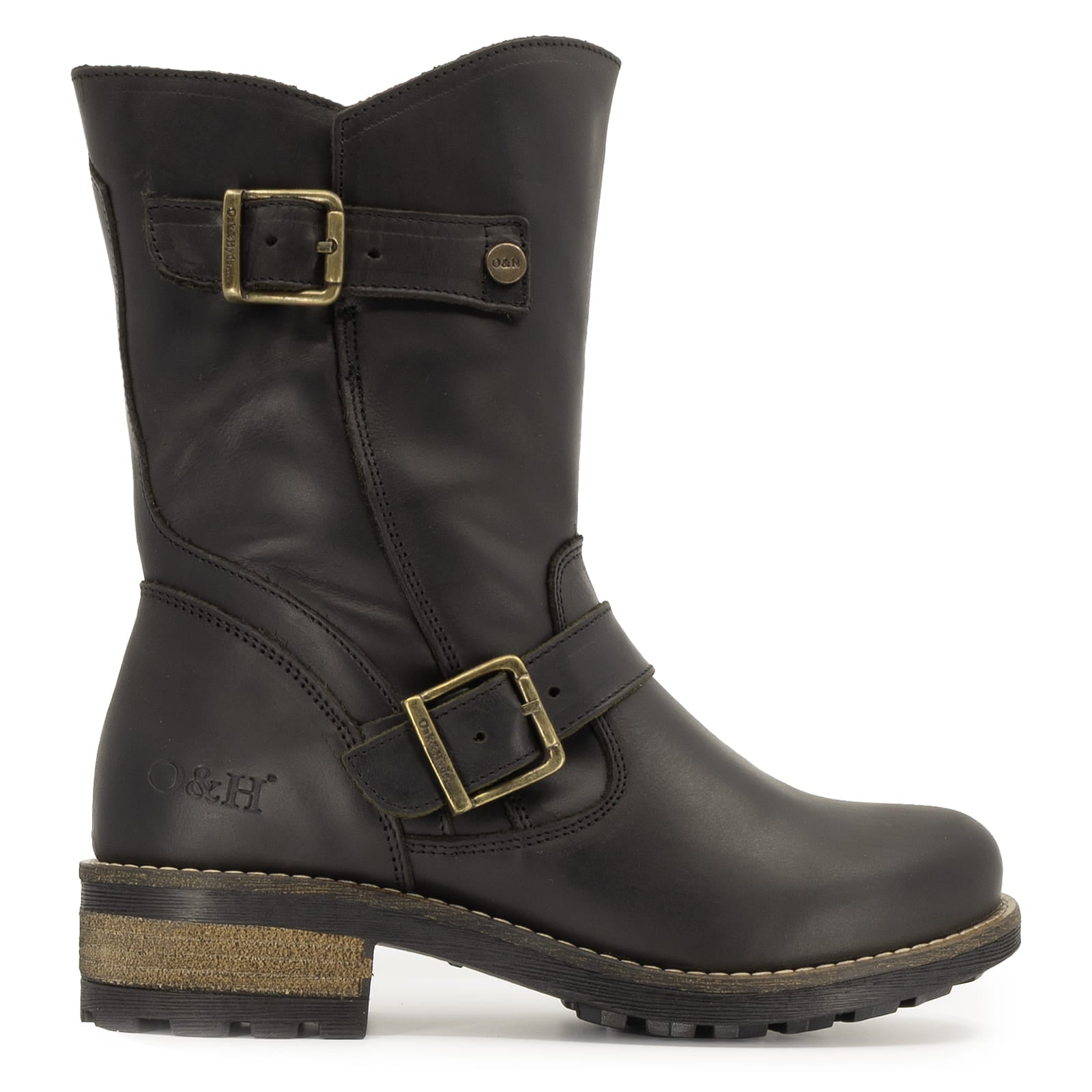 side profile of crest demi 2 black boots showing buckles and heel