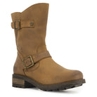 Angled side view of cognac Crest Demi 2 ankle boots highlighting buckle detail