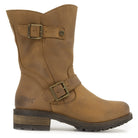 Side profile of cognac Crest Demi 2 ankle boots showing buckle straps and sole