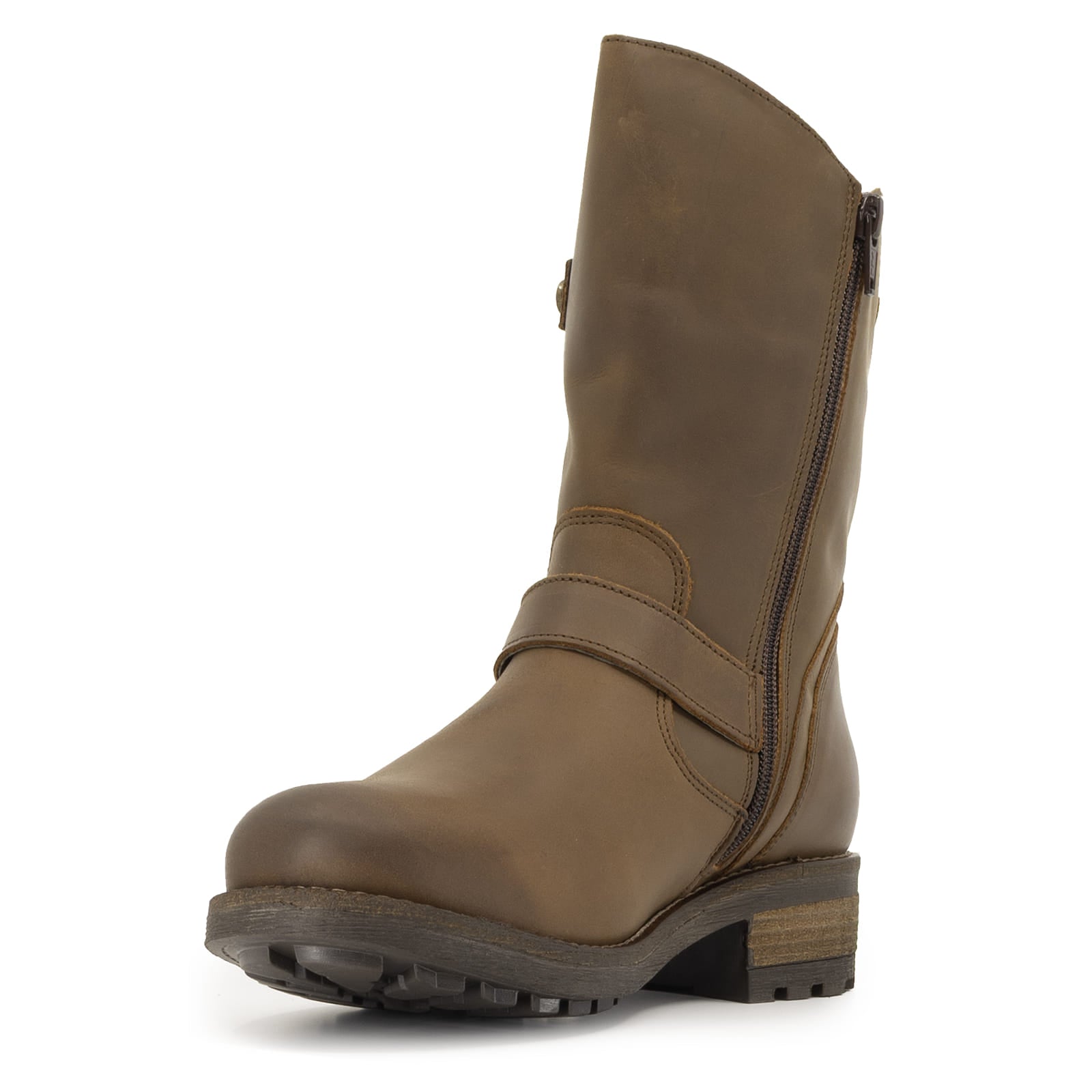 Angled inner side view of dark brown Crest Demi 2 ankle boots with zip detail