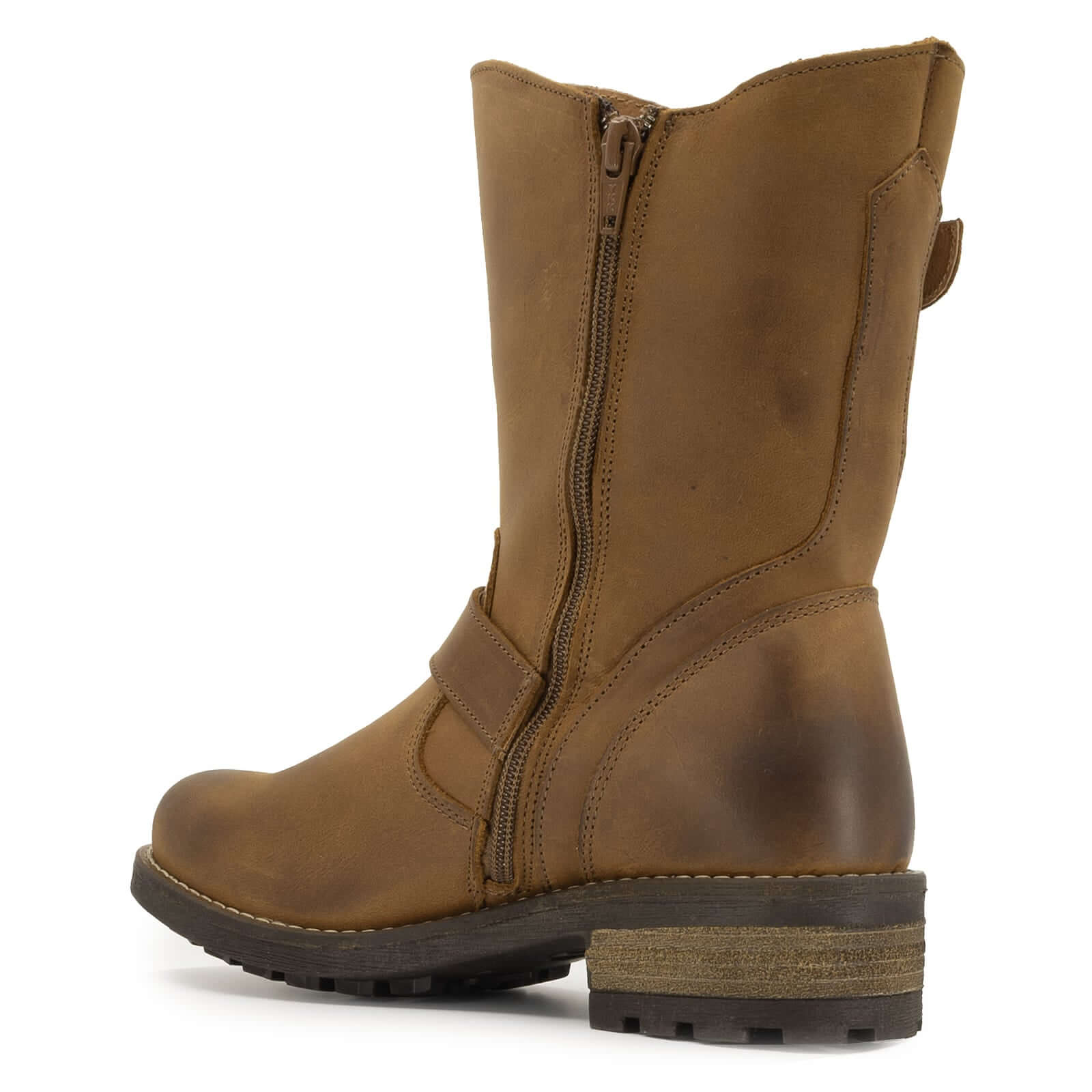 Rear angled view of Crest Demi 2 ankle boots in Frexio cognac showing heel and back seam