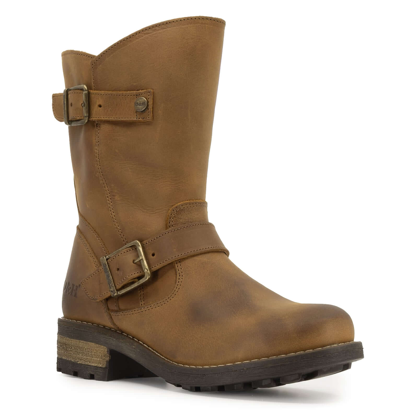 Front angled view of Crest Demi 2 ankle boots in Frexio cognac with buckle detail