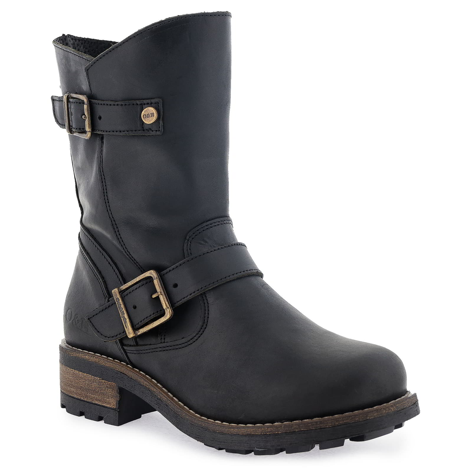 Angled buckle side view of black Crest Demi 2 ankle boots showing strap hardware