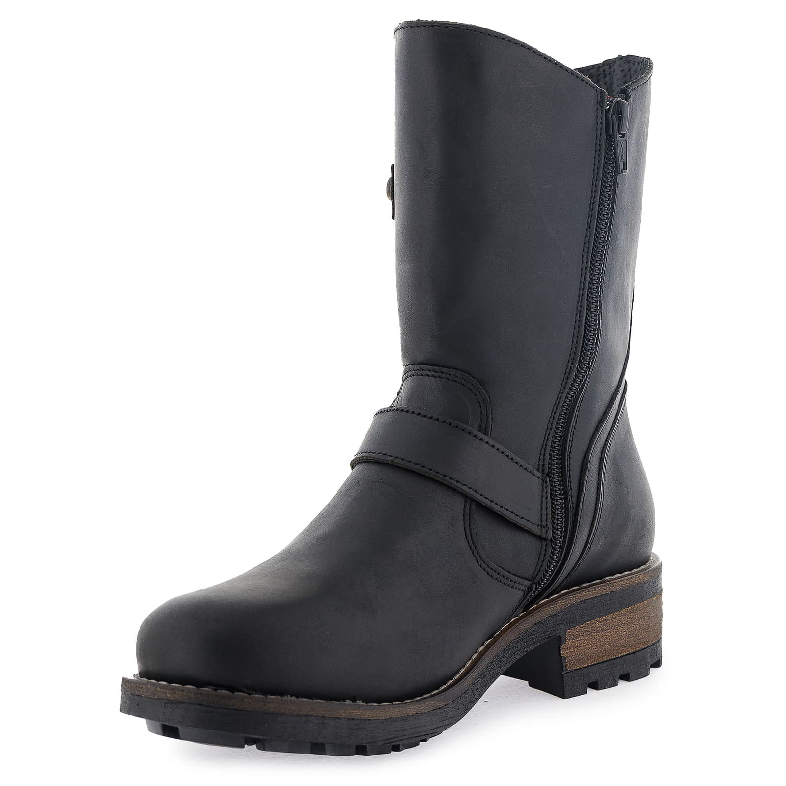 Angled zip side view of black Crest Demi 2 ankle boots showing stitching detail