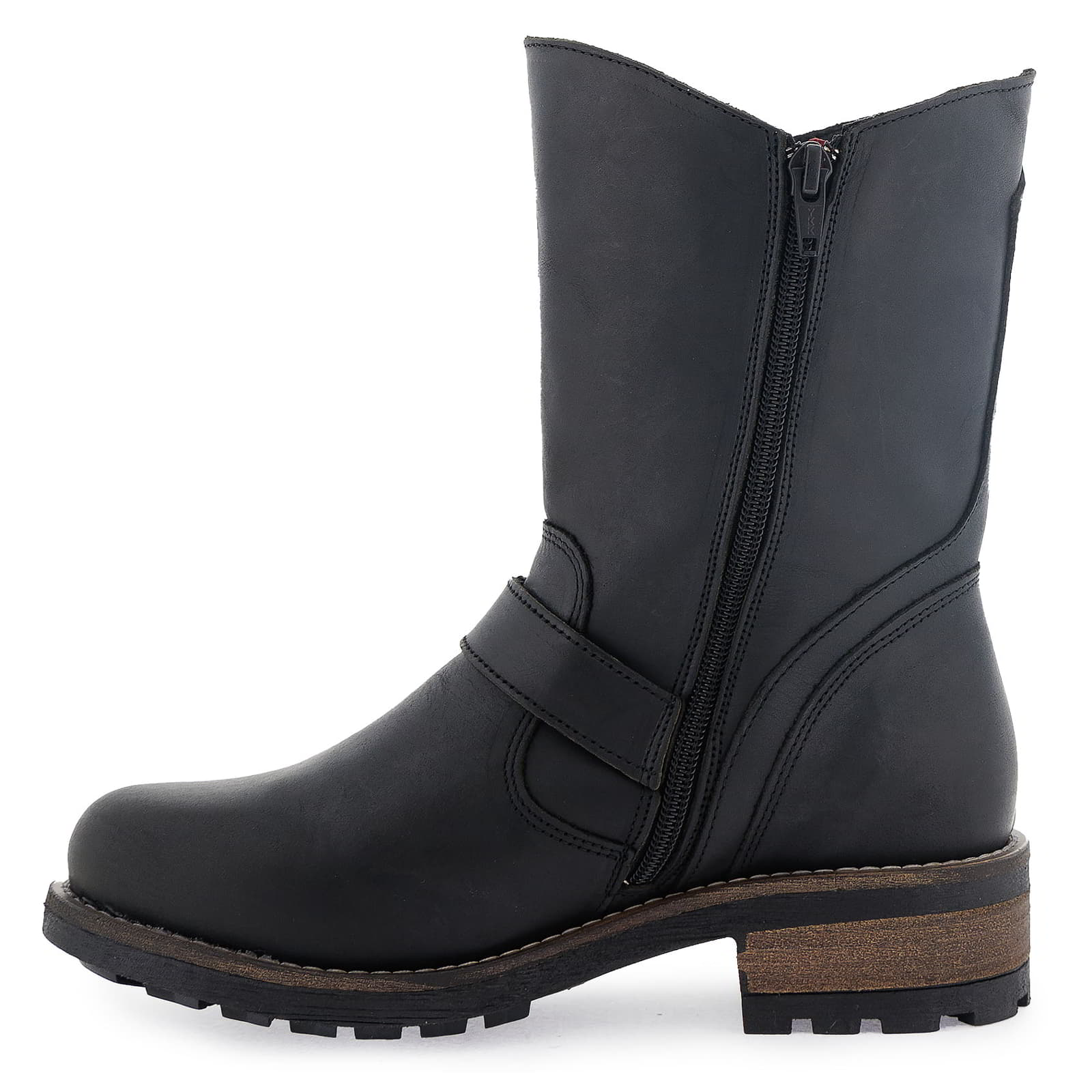 Side profile of black Crest Demi 2 ankle boots showing zip fastening
