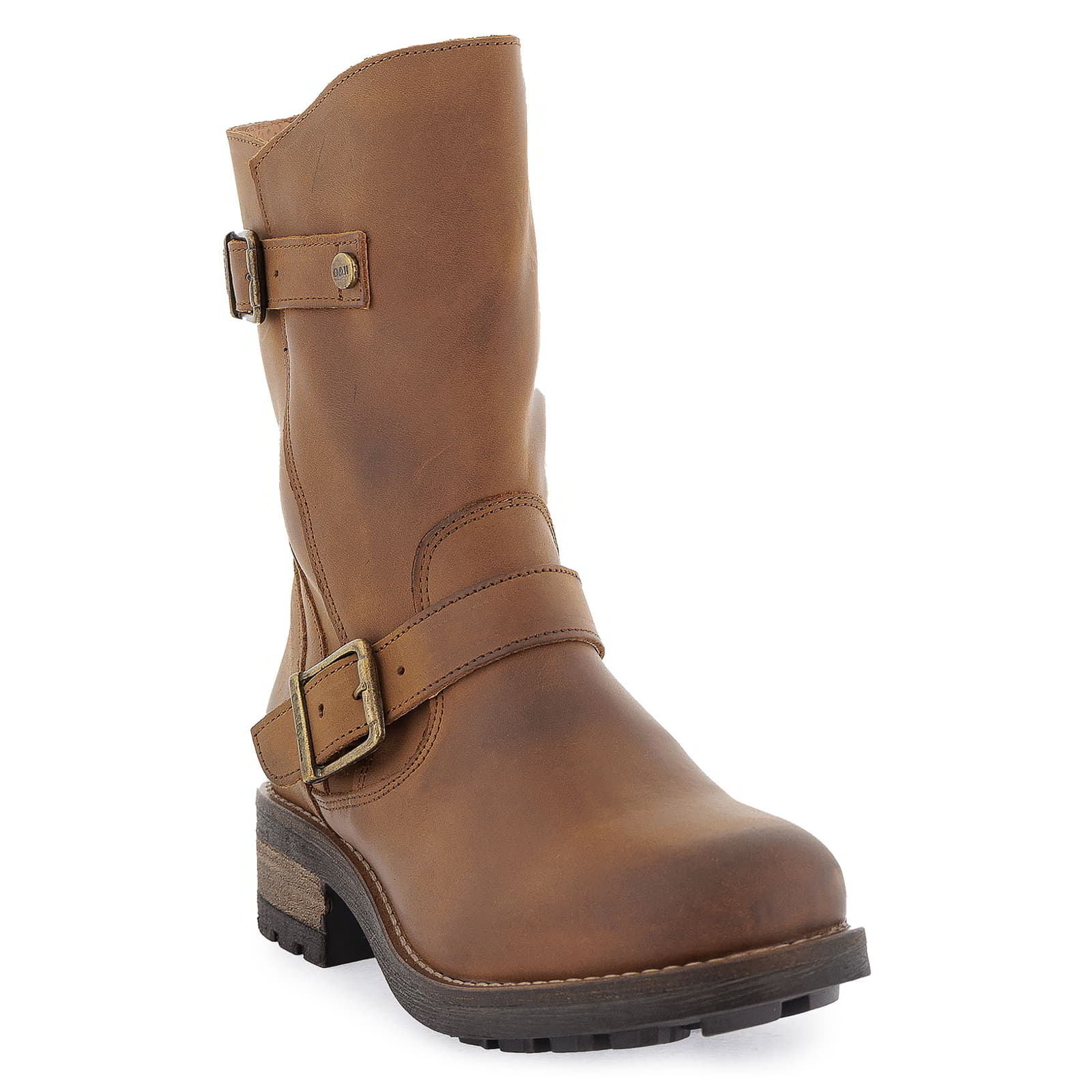 Angled side view of cognac Crest Demi 2 ankle boots highlighting buckle detail