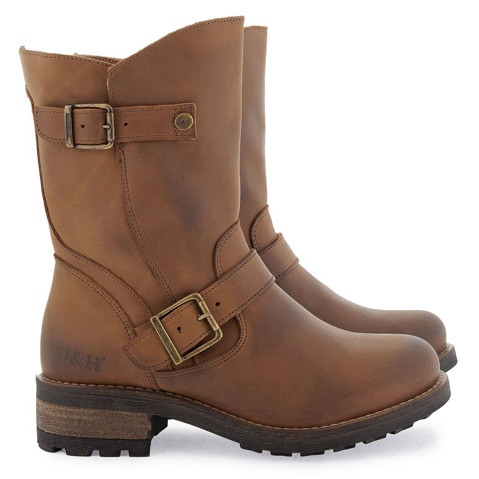 Side view of cognac Crest Demi 2 ankle boots showing buckle straps