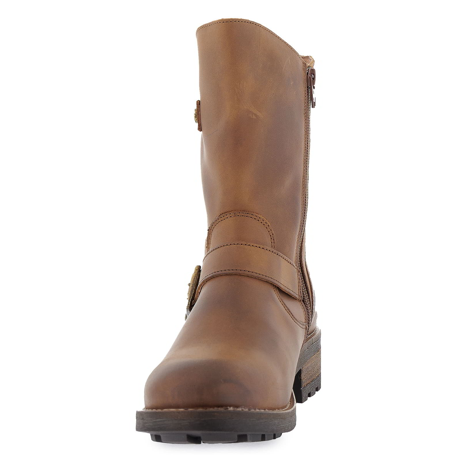 Front view of cognac Crest Demi 2 ankle boots showing rounded toe shape