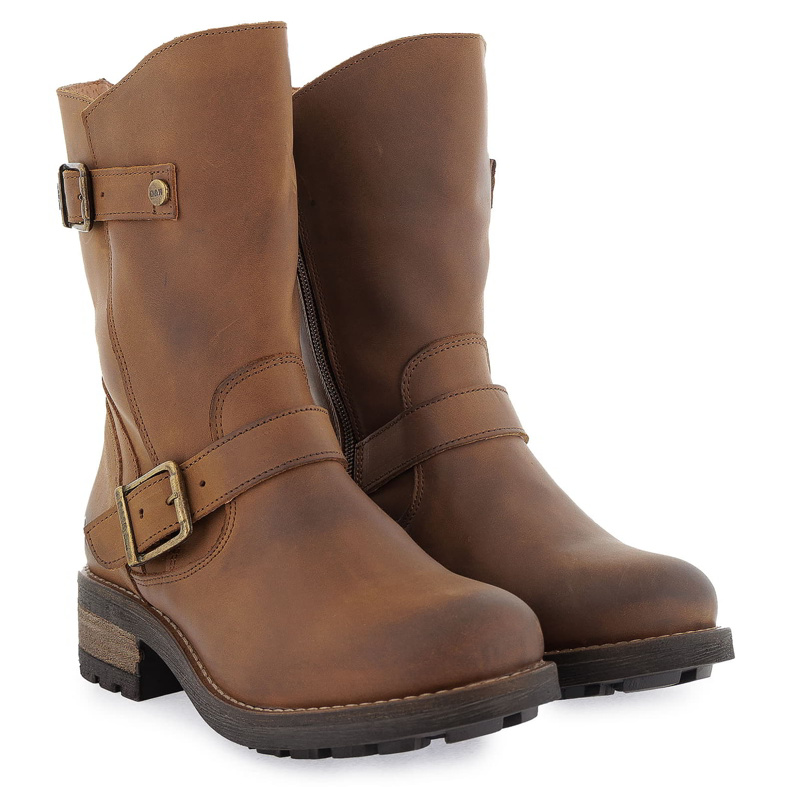 Pair of cognac Crest Demi 2 ankle boots shown from a front angled perspective