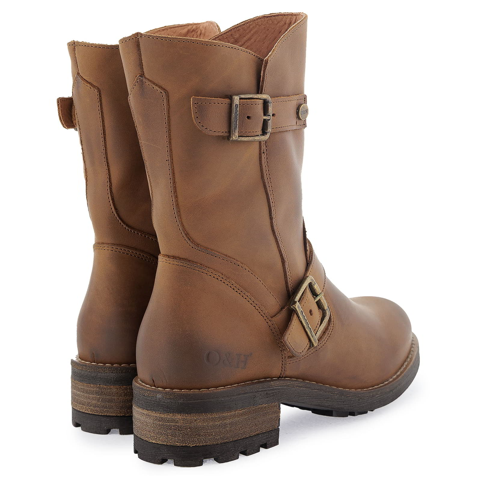 Rear angled view of cognac Crest Demi 2 ankle boots showing heels and back seam