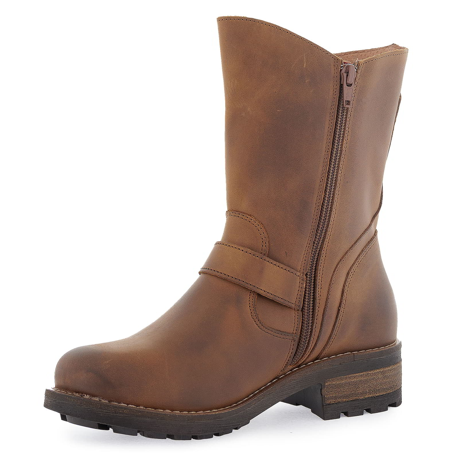 Angled side view of cognac Crest Demi 2 ankle boots showing zip and stitching