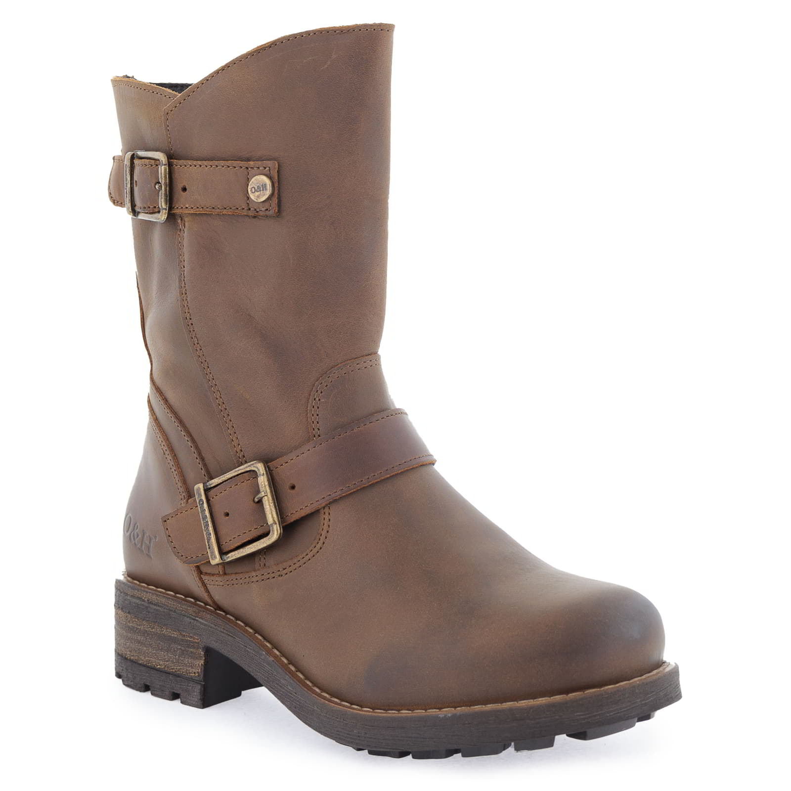 Angled side view of dark brown Crest Demi 2 ankle boots highlighting buckle detail