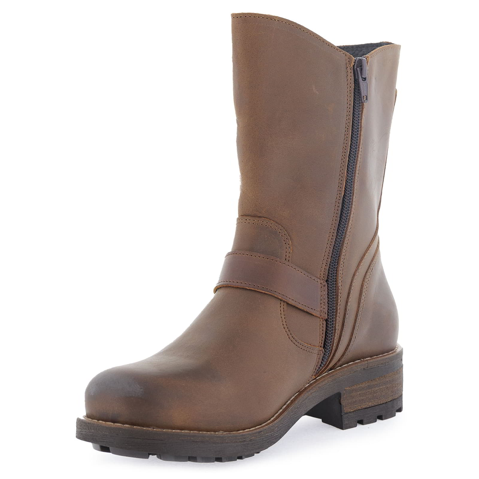 Angled inner side view of dark brown Crest Demi 2 ankle boots with zip detail