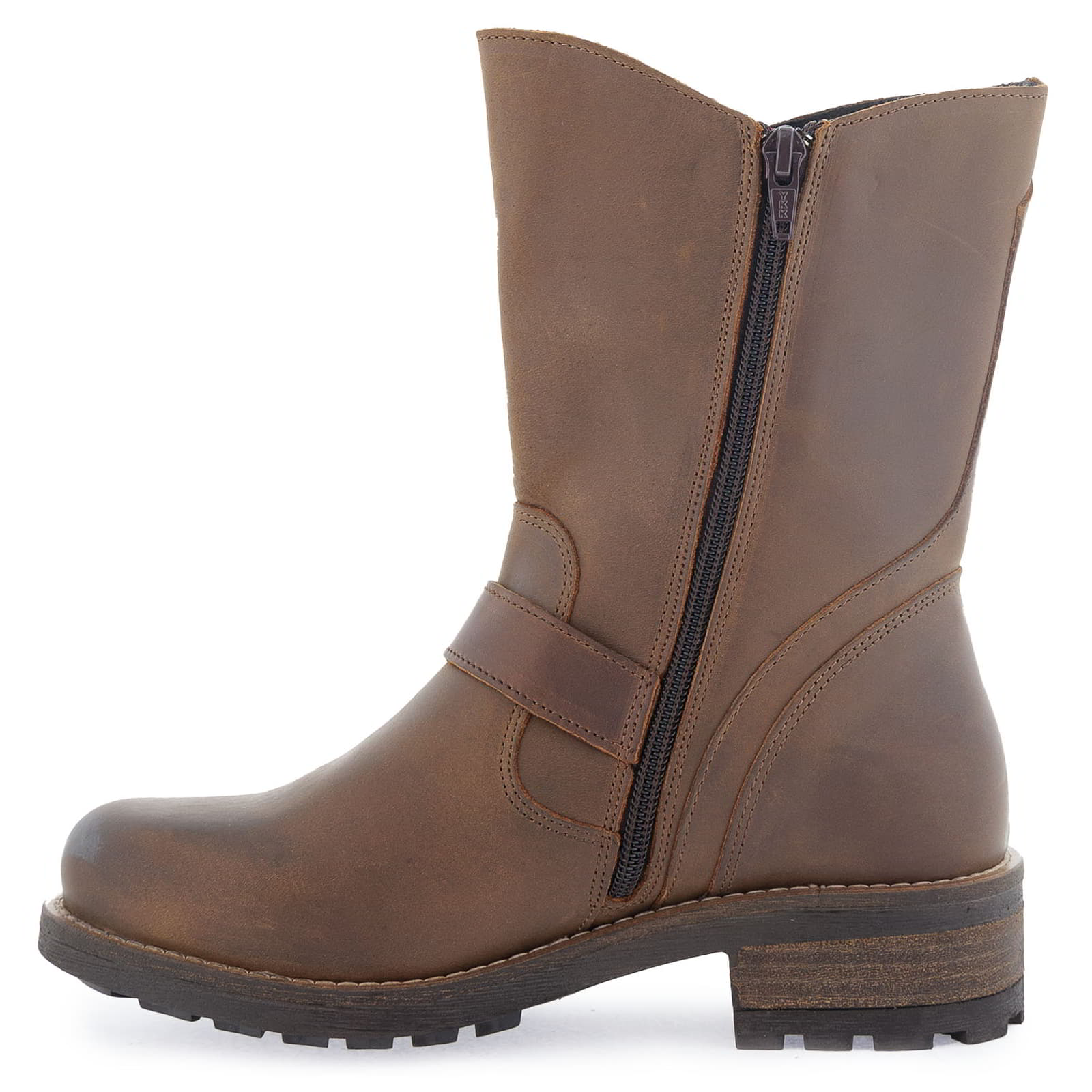 Inner side view of dark brown Crest Demi 2 ankle boots showing zip fastening
