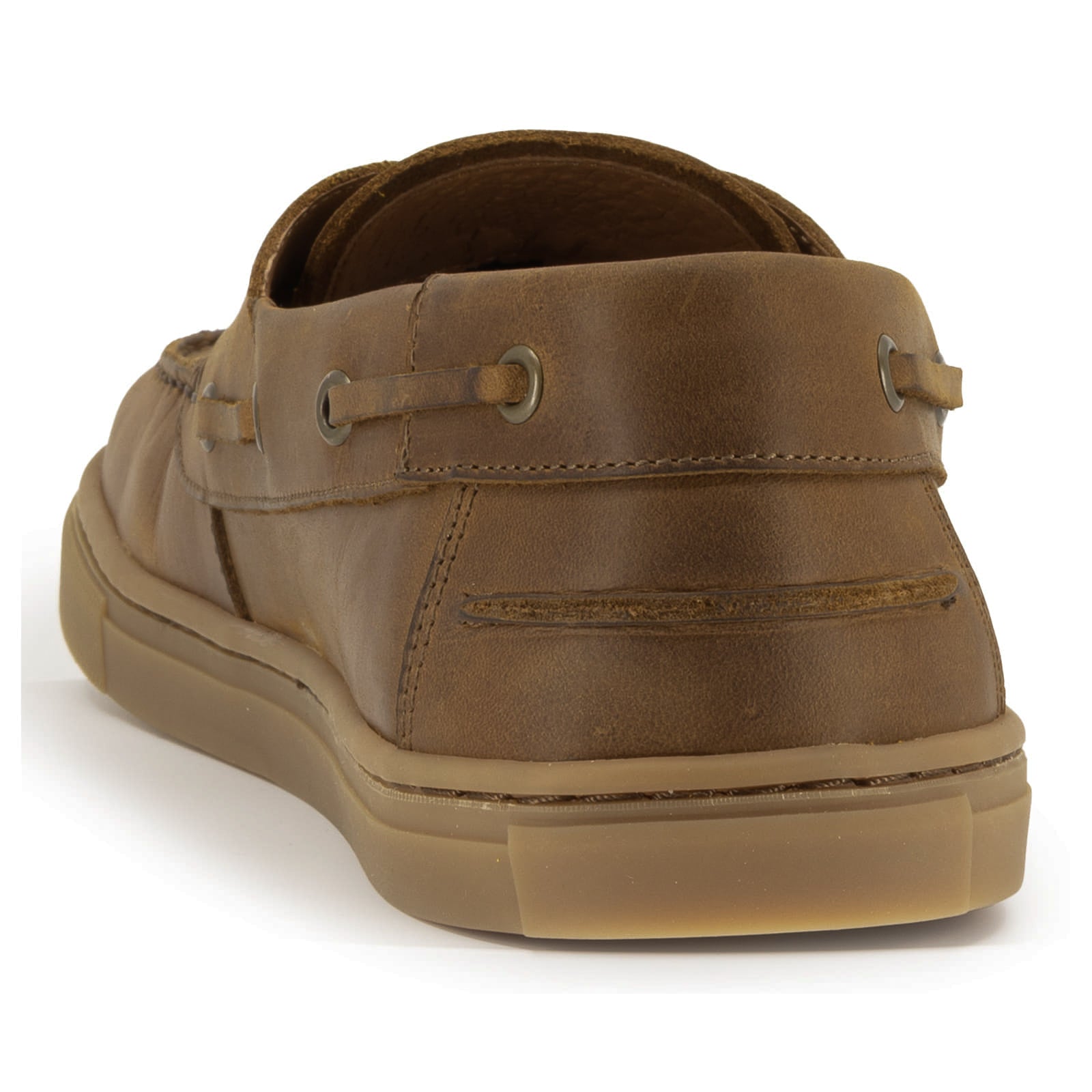 heel view of tan barefoot shoes with stitch detailing on white background