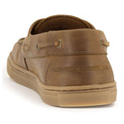 heel view of tan barefoot shoes with stitch detailing on white background