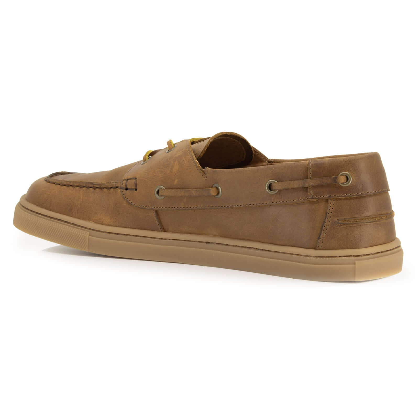 inside view of tan barefoot shoes with gum outsole on white background