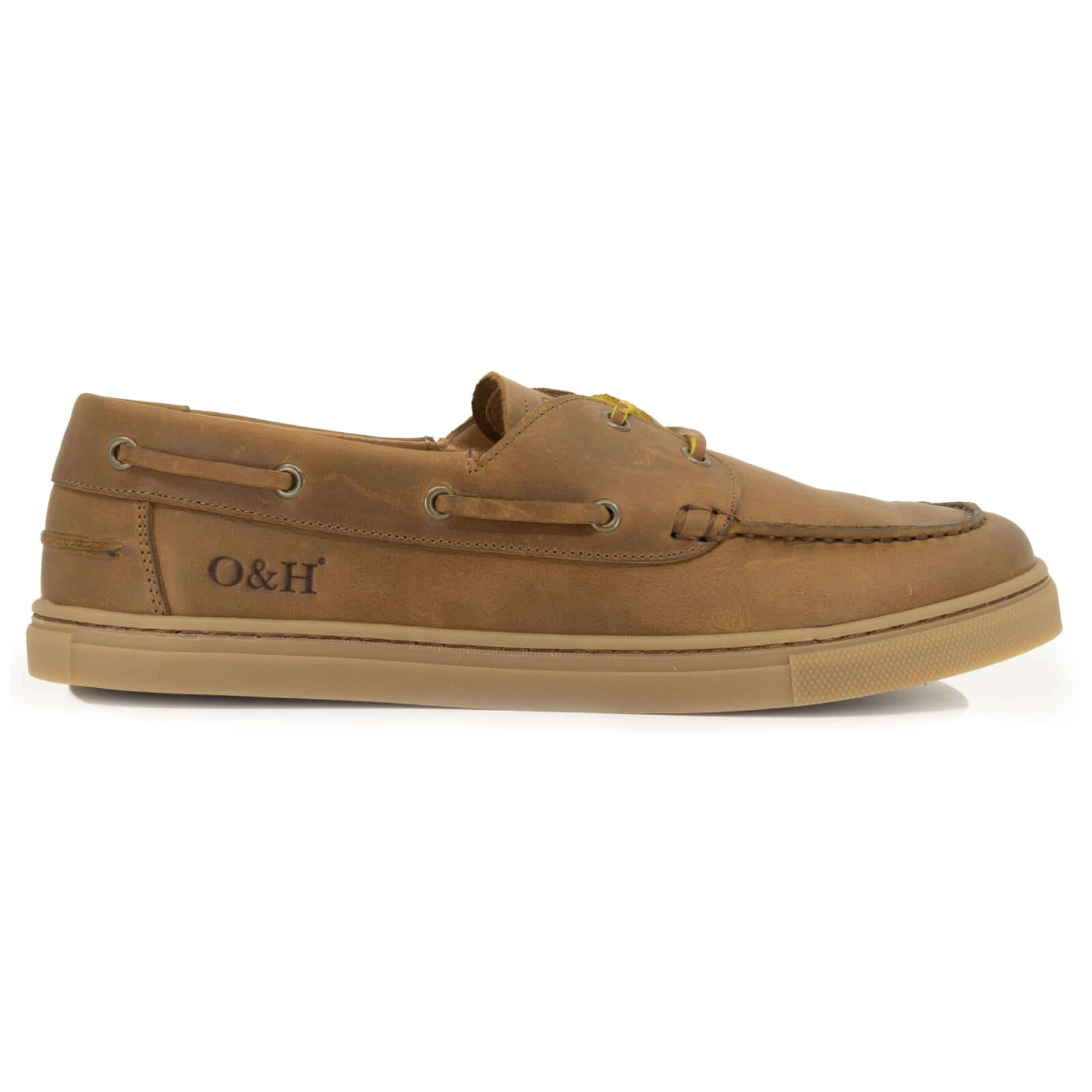 Brown barefoot boat shoe with 'O&H' branding on a white background