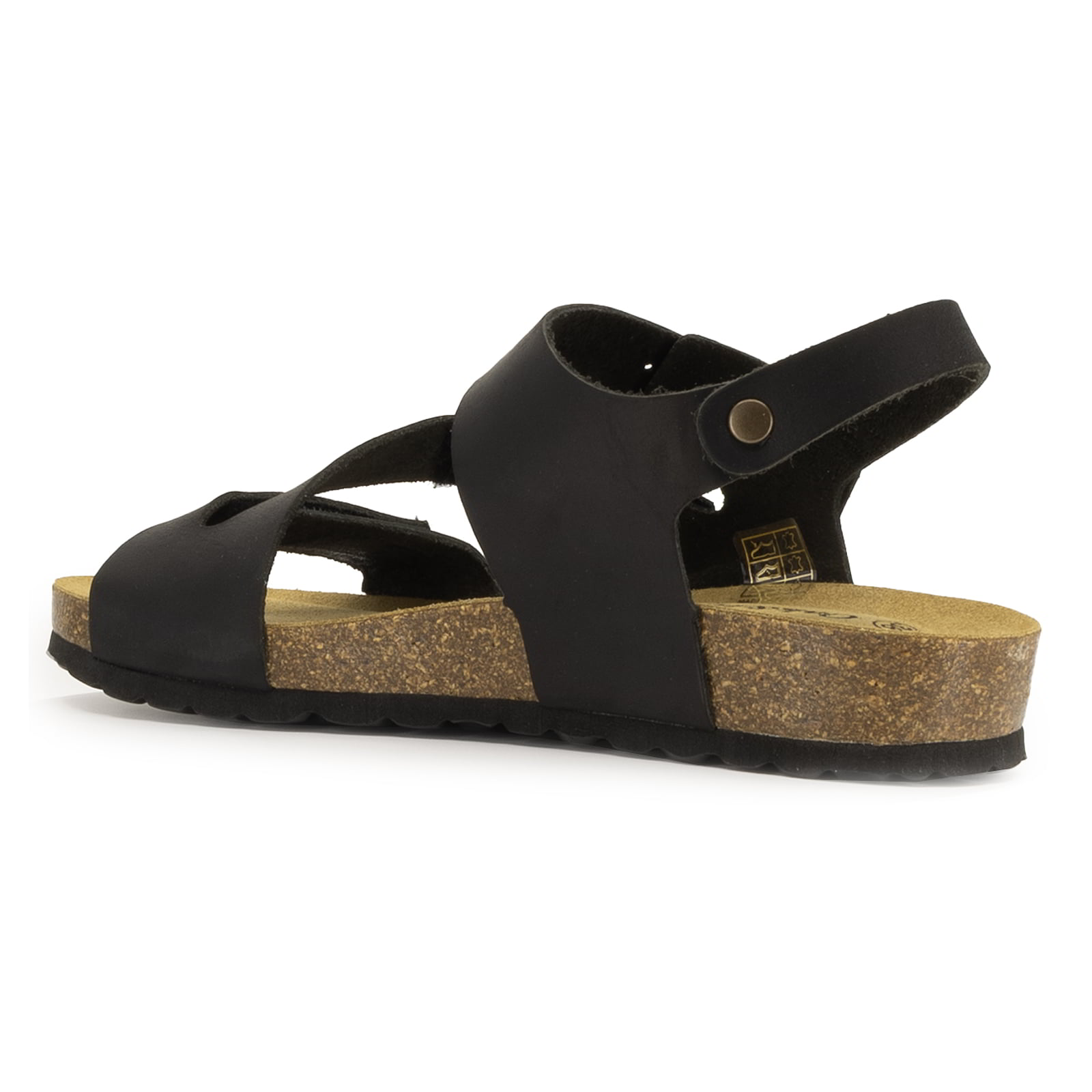 side view of black oak & hyde daisy sandals highlighting leather straps and cushioned footbed