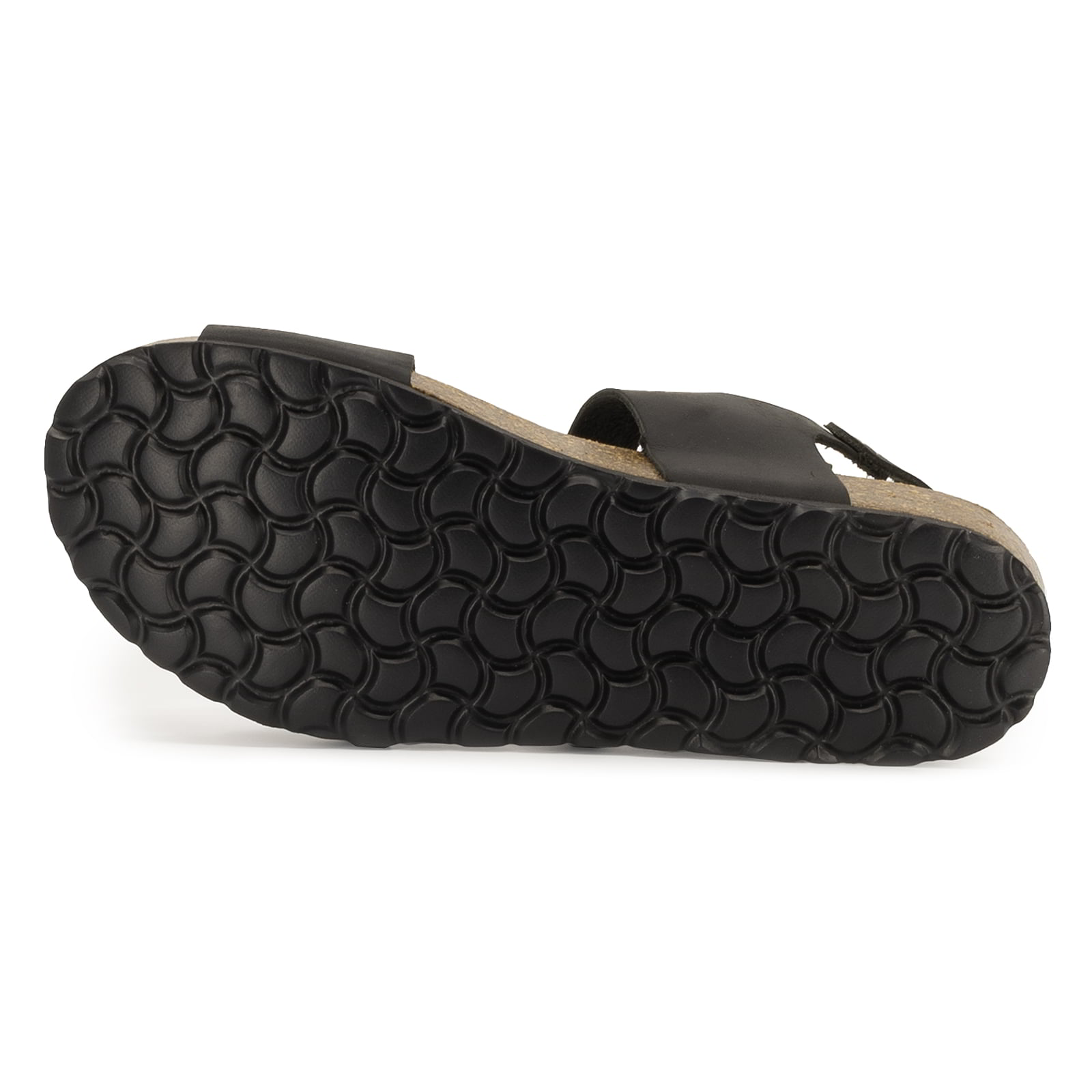 outsole of black oak & hyde daisy sandals showing textured tread pattern
