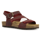 angled front view of red oak & hyde daisy sandals showing buckle fastening and open toe straps