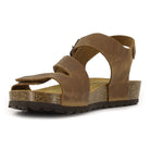front angle view of tan oak & hyde daisy sandals highlighting leather straps and contoured cork footbed