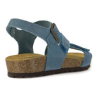 rear angle view of turquoise oak & hyde daisy sandals showing heel strap and adjustable buckle
