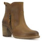angled view of Eastside 2 western boots in tan showing toe and block heel