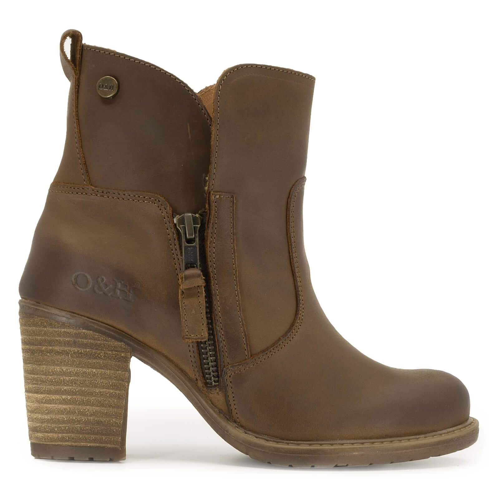 side profile of Eastside 2 western boots in brown showing outside zip and heel