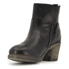 angled view of front of toe of Eastside black boots showing block heel