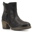 angled view of Eastside western boots in black showing toe shape and block heel