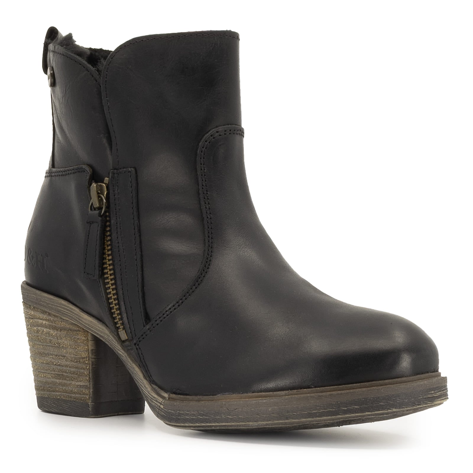 angled view of Eastside western boots in black showing toe shape and block heel