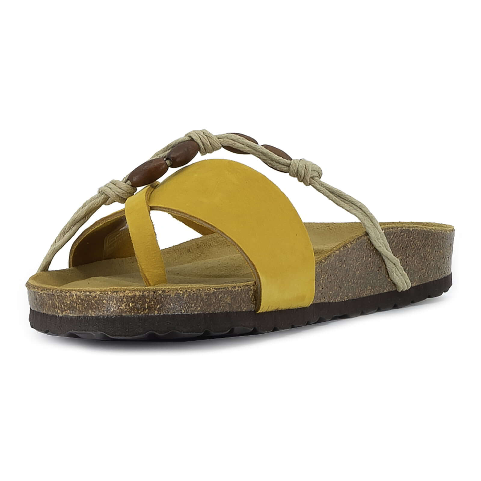 front angle view of lemon oak & hyde ebony sandals highlighting braided detail and leather straps