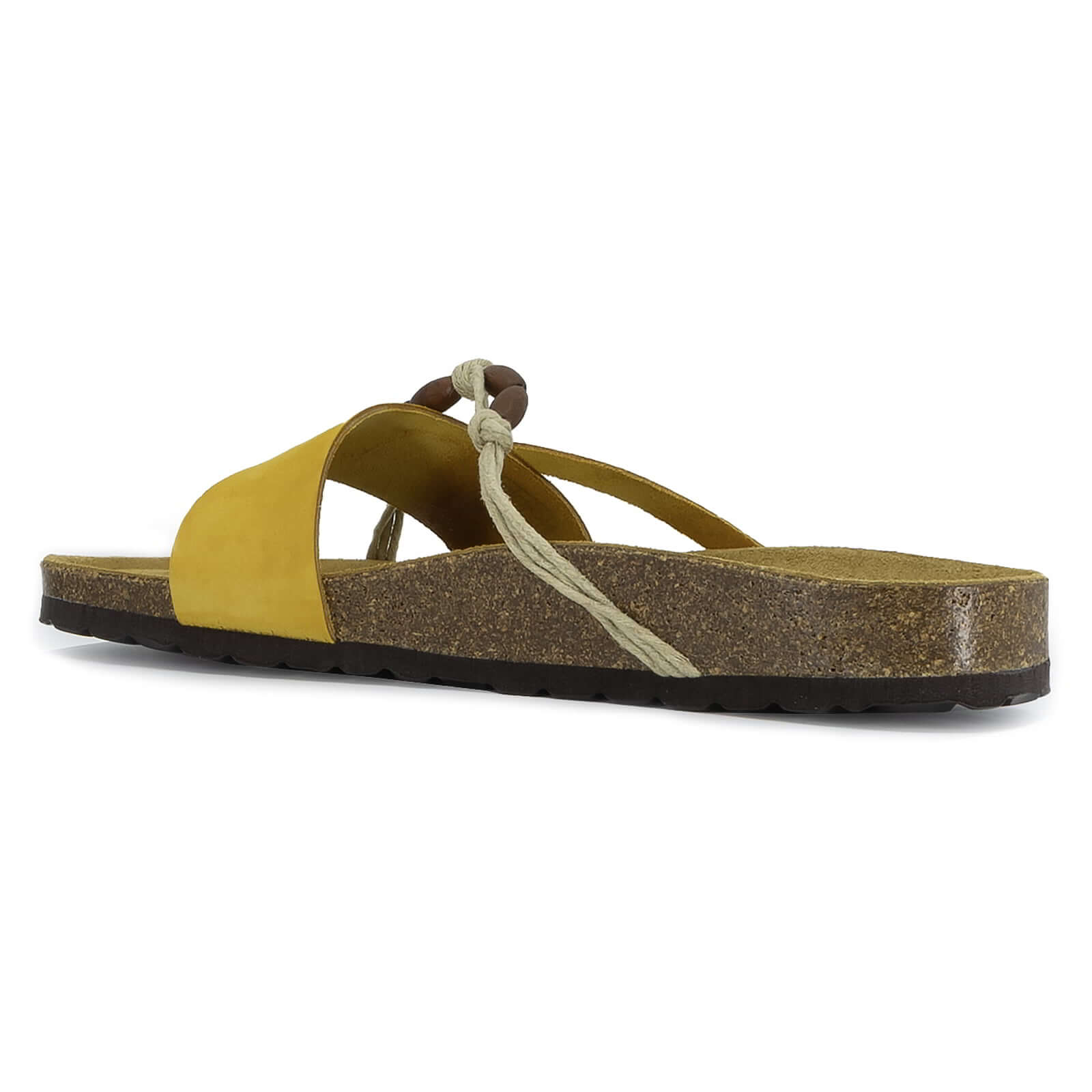 side view of lemon oak & hyde ebony sandals showing cork midsole and thong style upper