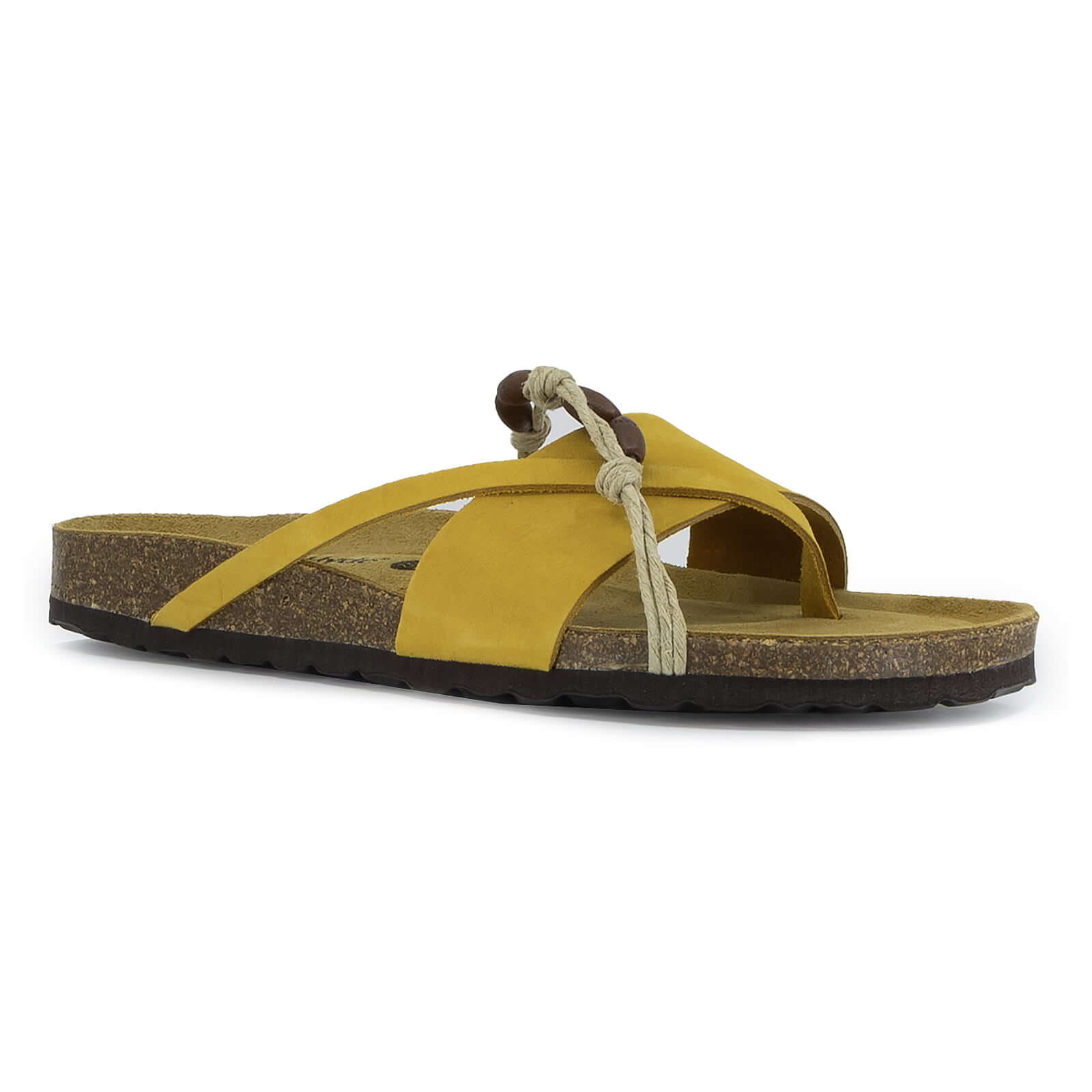 angled front view of lemon oak & hyde ebony sandals showing braided thong strap and open toe design