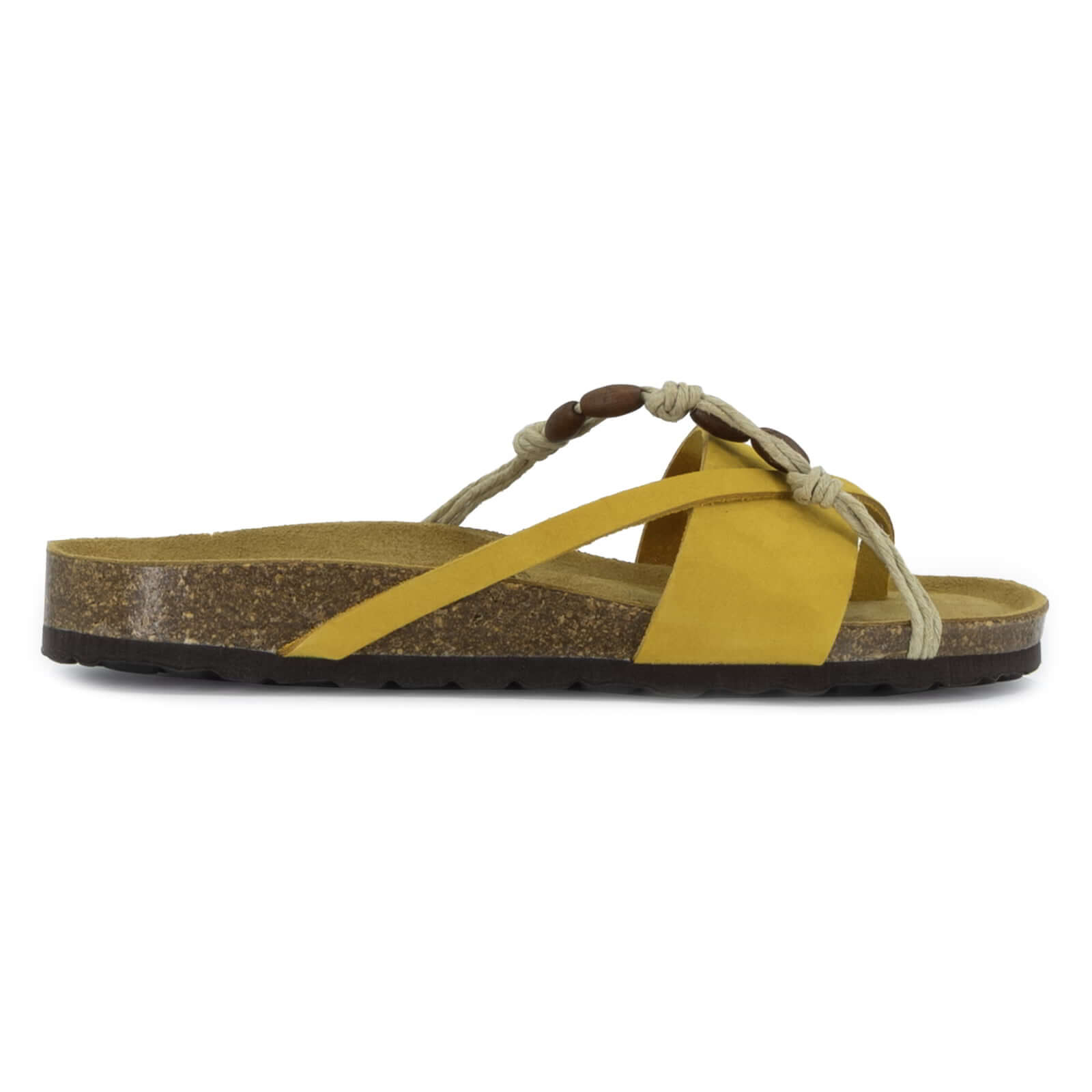 side profile of lemon oak & hyde ebony sandals with braided toe post strap and cork footbed