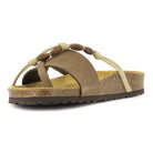 front angle view of toffee oak & hyde ebony sandals highlighting braided strap detail and leather upper