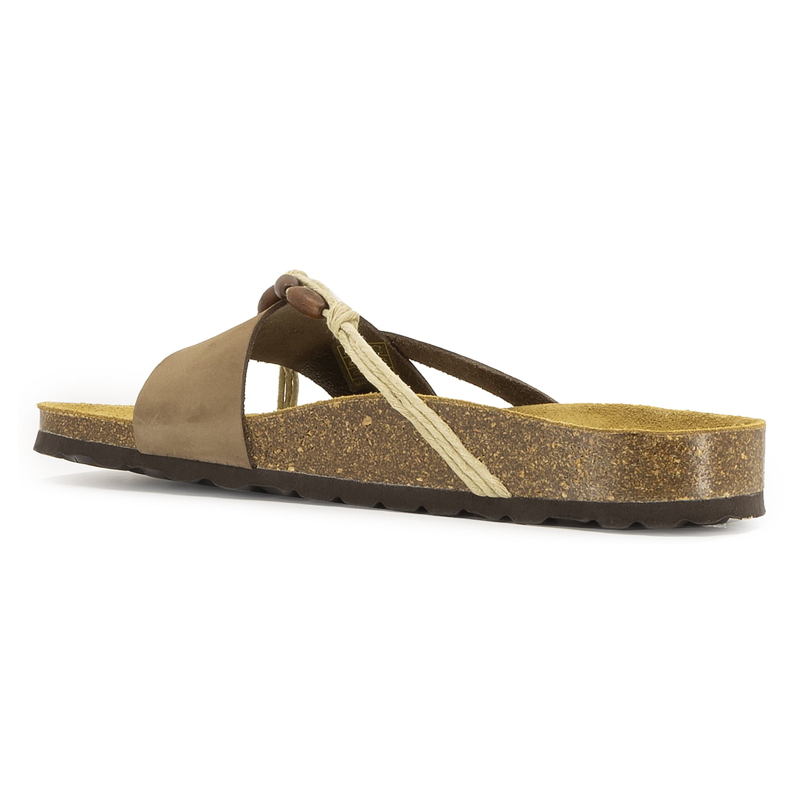 side view of toffee oak & hyde ebony sandals showing cork midsole and thong style upper